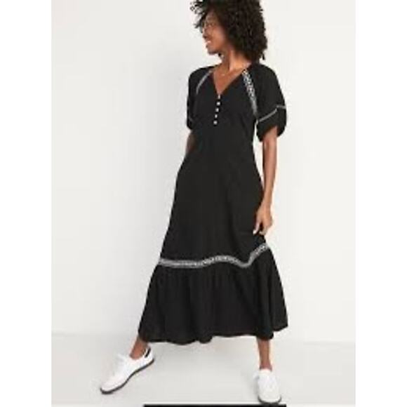 Old Navy Black Embroidered Button Boho Maxi Dress Plus Size XXL - Picture 1 of 9